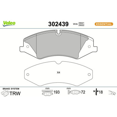 Valeo Bremsbelagsatz, Scheibenbremse ESSENTIAL 302439