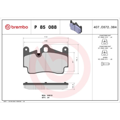 Brembo Bremsbelagsatz, Scheibenbremse PRIME LINE P 85 088 Brembo Bremsbelagsatz, Scheibenbremse PRIME LINE P 85 088