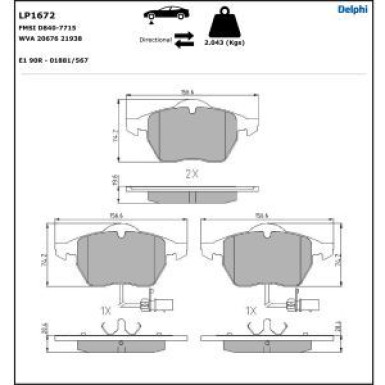 Delphi Bremsbelagsatz, Scheibenbremse LP1672 Delphi Bremsbelagsatz, Scheibenbremse LP1672