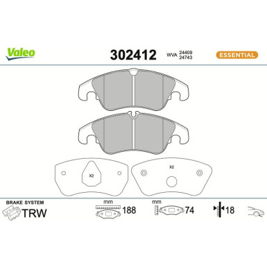 Valeo Bremsbelagsatz, Scheibenbremse ESSENTIAL 302412