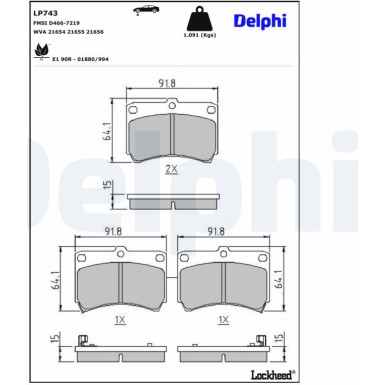 Delphi | Bremsbelagsatz, Scheibenbremse | LP743