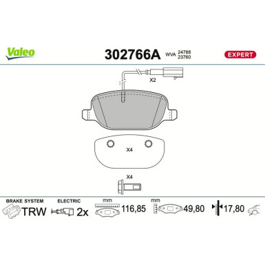 Valeo | Bremsbelagsatz, Scheibenbremse | 302766A Valeo | Bremsbelagsatz, Scheibenbremse | 302766A