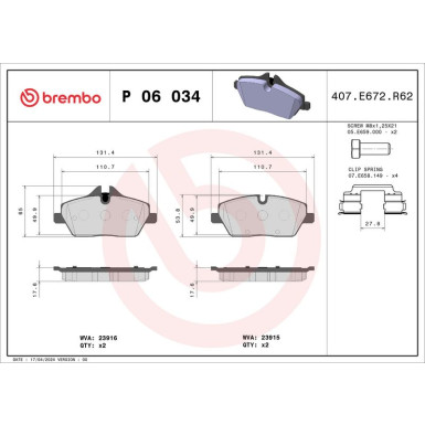 Brembo Bremsbelagsatz, Scheibenbremse PRIME LINE P 06 034