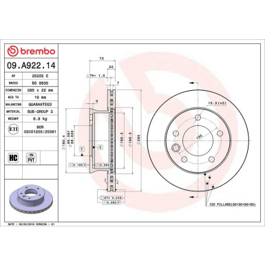 09.A922.14 Bremsscheibe PRIME LINE