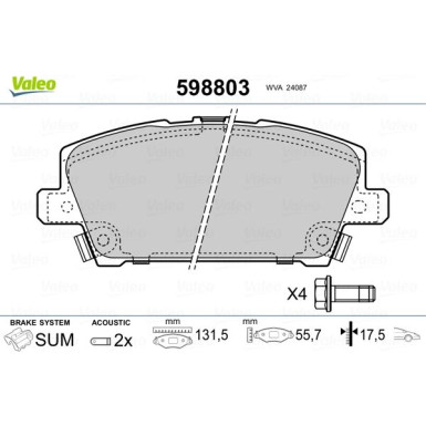 Valeo | Bremsbelagsatz, Scheibenbremse | 598803