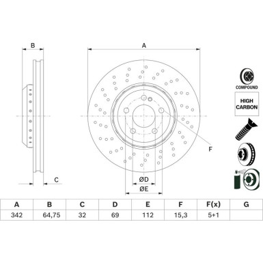 BOSCH 0 986 479 G35 Bremsscheibe 342mm passend für MERCEDES-BENZ S-Klasse Limousine (W222, V222, X222) 5x112