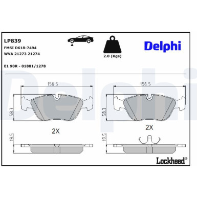 Delphi | Bremsbelagsatz, Scheibenbremse | LP839
