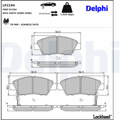 Delphi | Bremsbelagsatz, Scheibenbremse | LP2194
