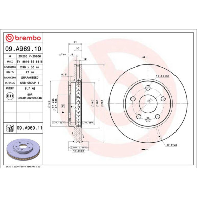 09.A969.11 Bremsscheibe PRIME LINE - UV Coated