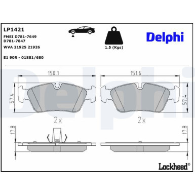 Delphi | Bremsbelagsatz, Scheibenbremse | LP1421 Delphi | Bremsbelagsatz, Scheibenbremse | LP1421