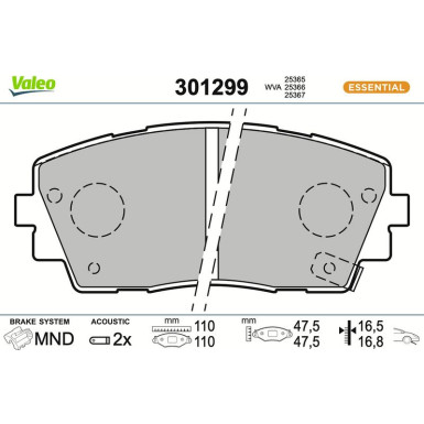Valeo | Bremsbelagsatz, Scheibenbremse | 301299 Valeo | Bremsbelagsatz, Scheibenbremse | 301299