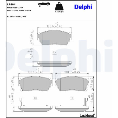 Delphi | Bremsbelagsatz, Scheibenbremse | LP804