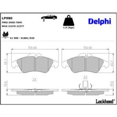 Delphi Bremsbelagsatz, Scheibenbremse LP980