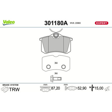 Valeo Bremsbelagsatz, Scheibenbremse EXPERT 301180A