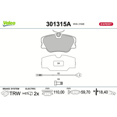 Valeo Bremsbelagsatz, Scheibenbremse EXPERT 301315A