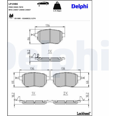 Delphi | Bremsbelagsatz, Scheibenbremse | LP1986