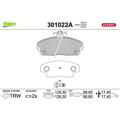 Valeo | Bremsbelagsatz, Scheibenbremse | 301022A
