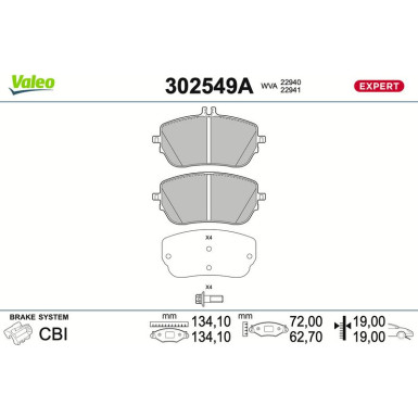 Valeo Bremsbelagsatz, Scheibenbremse EXPERT 302549A