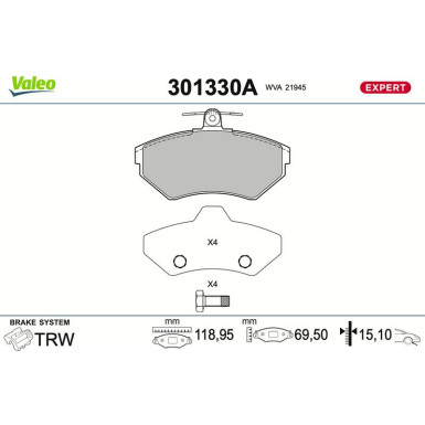 Valeo Bremsbelagsatz, Scheibenbremse EXPERT 301330A