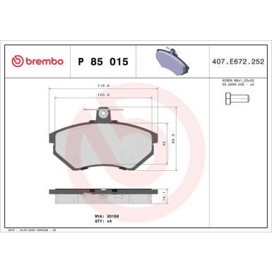 Brembo Bremsbelagsatz, Scheibenbremse PRIME LINE P 85 015 Brembo Bremsbelagsatz, Scheibenbremse PRIME LINE P 85 015