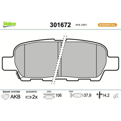 Valeo Bremsbelagsatz, Scheibenbremse ESSENTIAL 301672 Valeo Bremsbelagsatz, Scheibenbremse ESSENTIAL 301672