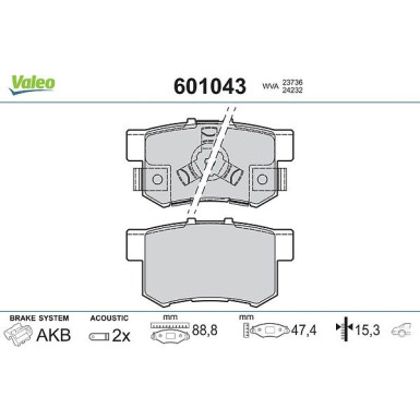 Valeo Bremsbelagsatz, Scheibenbremse 601043 Valeo Bremsbelagsatz, Scheibenbremse 601043