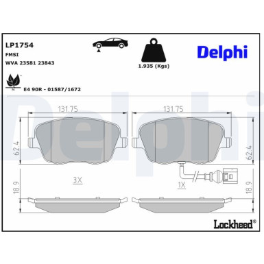 Delphi Bremsbelagsatz, Scheibenbremse LP1754 Delphi Bremsbelagsatz, Scheibenbremse LP1754