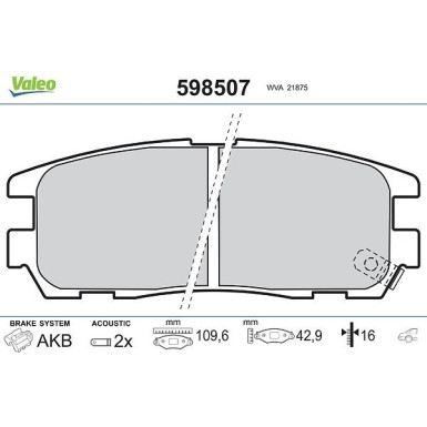 Valeo Bremsbelagsatz, Scheibenbremse 598507 Valeo Bremsbelagsatz, Scheibenbremse 598507