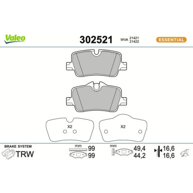 Valeo Bremsbelagsatz, Scheibenbremse ESSENTIAL 302521 Valeo Bremsbelagsatz, Scheibenbremse ESSENTIAL 302521
