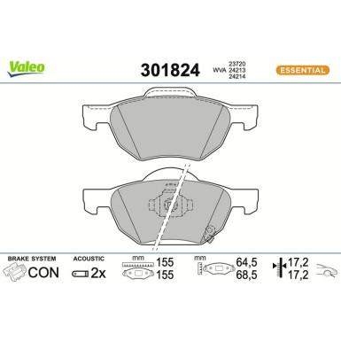 Valeo Bremsbelagsatz, Scheibenbremse ESSENTIAL 301824 Valeo Bremsbelagsatz, Scheibenbremse ESSENTIAL 301824
