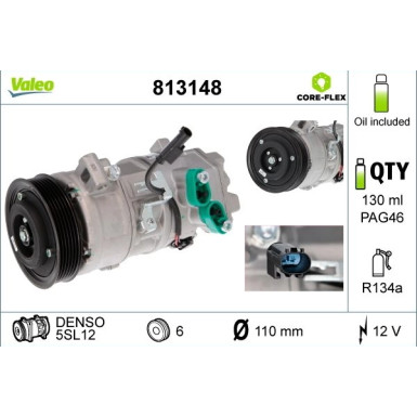 VALEO 813148 Klimakompressor 5SL12, 12V, PAG 46, R134a, mit PAG-Kompressoröl, NEW ORIGINAL PART