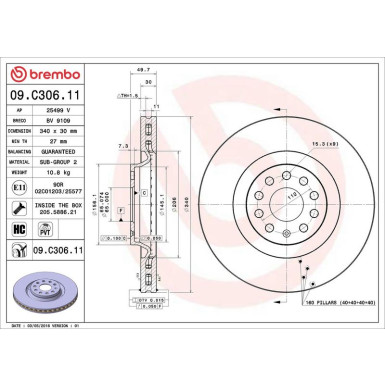 BREMBO COATED DISC LINE 09.C306.11 Bremsscheibe 340x30mm, 5, innenbelüftet, beschichtet, hochgekohlt BREMBO COATED DISC LINE 09.C306.11 Bremsscheibe 340x30mm, 5, innenbelüftet, beschichtet, hochgekohlt