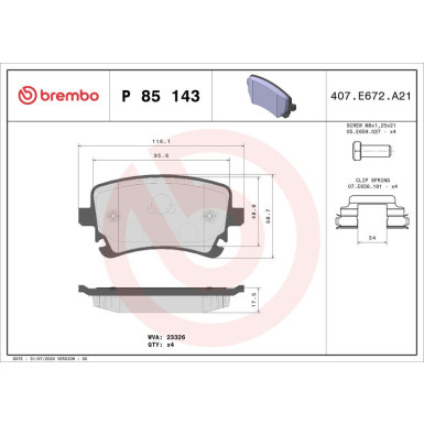 Bremsbelagsatz, Scheibenbremse P 85 143 Bremsbelagsatz, Scheibenbremse P 85 143