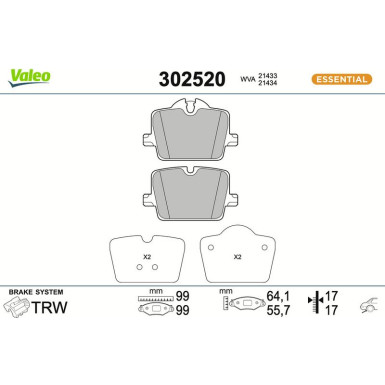 Valeo Bremsbelagsatz, Scheibenbremse ESSENTIAL 302520 Valeo Bremsbelagsatz, Scheibenbremse ESSENTIAL 302520