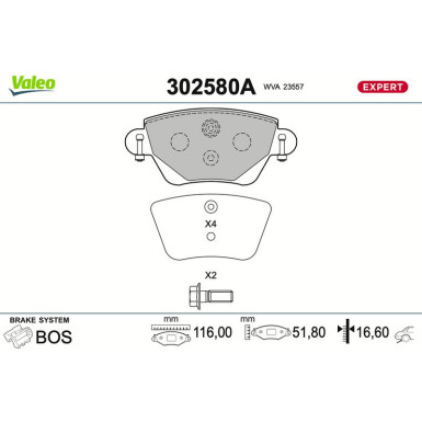 Valeo Bremsbelagsatz, Scheibenbremse EXPERT 302580A Valeo Bremsbelagsatz, Scheibenbremse EXPERT 302580A