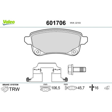 Valeo Bremsbelagsatz, Scheibenbremse 601706 Valeo Bremsbelagsatz, Scheibenbremse 601706