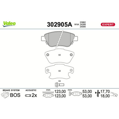 Valeo Bremsbelagsatz, Scheibenbremse EXPERT 302905A Valeo Bremsbelagsatz, Scheibenbremse EXPERT 302905A