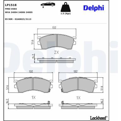 Delphi Bremsbelagsatz, Scheibenbremse LP1518 Delphi Bremsbelagsatz, Scheibenbremse LP1518