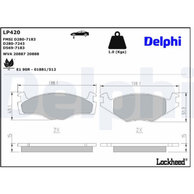 Delphi Bremsbelagsatz, Scheibenbremse LP420 Delphi Bremsbelagsatz, Scheibenbremse LP420