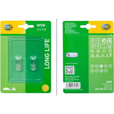 Hella 2 x HELLA Glühlampe, Park-/Positionsleuchte Long Life Up to 3x Longer Lifetime 8GP 003 594-163