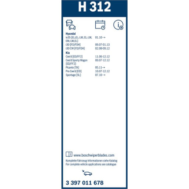 BOSCH H 312 Scheibenwischer Rear 3 397 011 678 BOSCH H 312 Scheibenwischer Rear 3 397 011 678