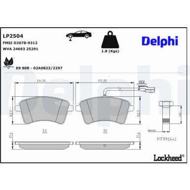 Delphi Bremsbelagsatz, Scheibenbremse LP2504 Delphi Bremsbelagsatz, Scheibenbremse LP2504