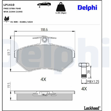 Delphi Bremsbelagsatz, Scheibenbremse LP1410 Delphi Bremsbelagsatz, Scheibenbremse LP1410