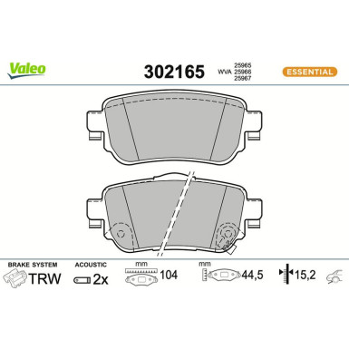 Valeo Bremsbelagsatz, Scheibenbremse ESSENTIAL 302165 Valeo Bremsbelagsatz, Scheibenbremse ESSENTIAL 302165