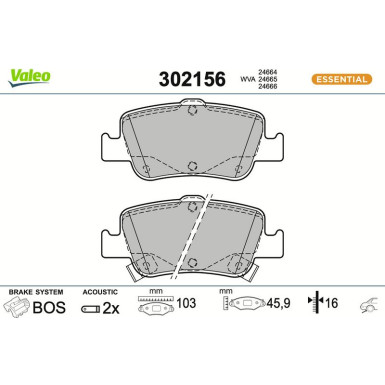 Valeo Bremsbelagsatz, Scheibenbremse ESSENTIAL 302156 Valeo Bremsbelagsatz, Scheibenbremse ESSENTIAL 302156