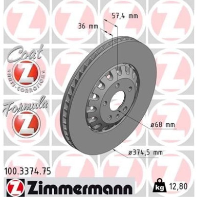 100.3374.75 Zimmermann Bremsscheibe Ø375 Formula Z belüftet 100.3374.75 Zimmermann Bremsscheibe Ø375 Formula Z belüftet