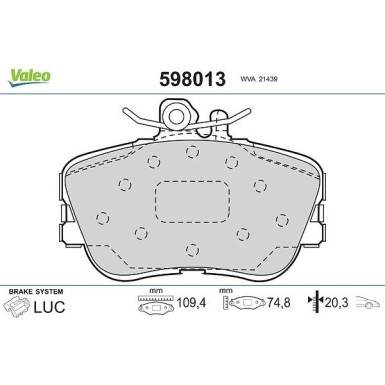 Valeo Bremsbelagsatz, Scheibenbremse 598013 Valeo Bremsbelagsatz, Scheibenbremse 598013