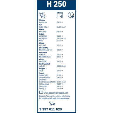BOSCH H 250 Scheibenwischer Rear 3 397 011 629