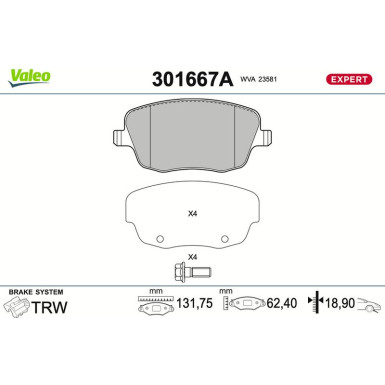 Valeo Bremsbelagsatz, Scheibenbremse EXPERT 301667A Valeo Bremsbelagsatz, Scheibenbremse EXPERT 301667A