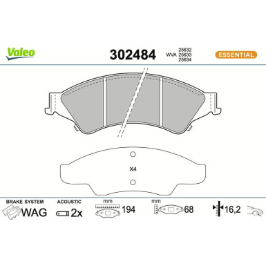 Valeo Bremsbelagsatz, Scheibenbremse ESSENTIAL 302484